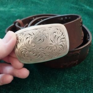 Western Wear Brown Leather Belt with Silver Buckle
